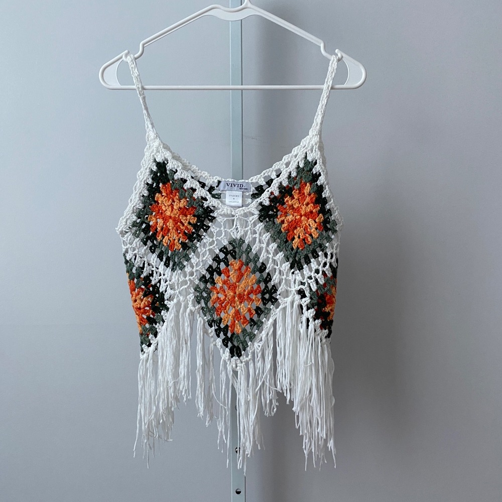 Vivid Boho Granny Square Crochet Fringe Festival Tank Top M White Orange Green